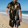 Men Black Gold Swirl Texture Split Print Short Sleeve Tee And Matching Shorts Two Piece Suit