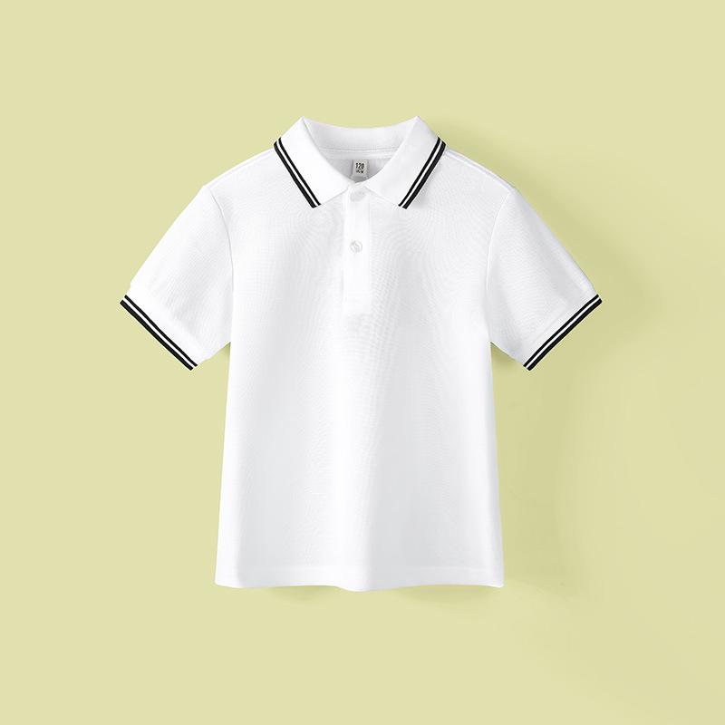 White Cotton Short-Sleeve Polo Shirt for Boys and Girls - Turn-Down Collar School Uniform for Primary and Middle School Students 100 cm