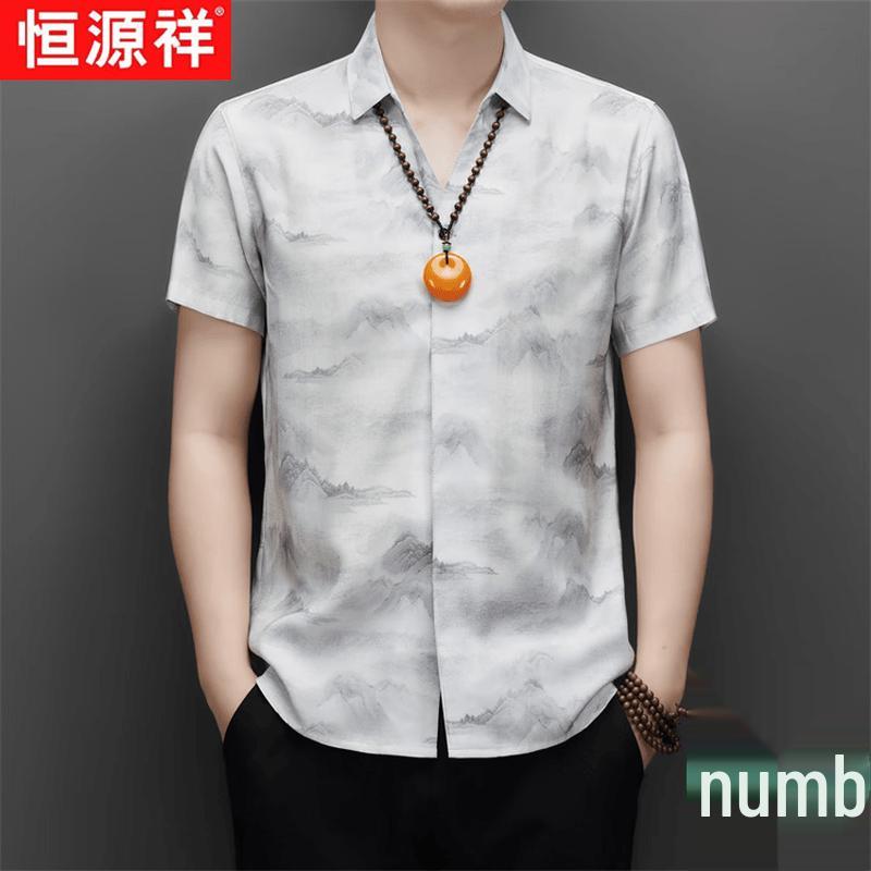 Hengyuanxiang Men s Ink Landscape Linen Blend Short-Sleeve Shirt 43/190