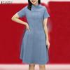 Women Casual Stand Collar Summer Short Sleeve Dress