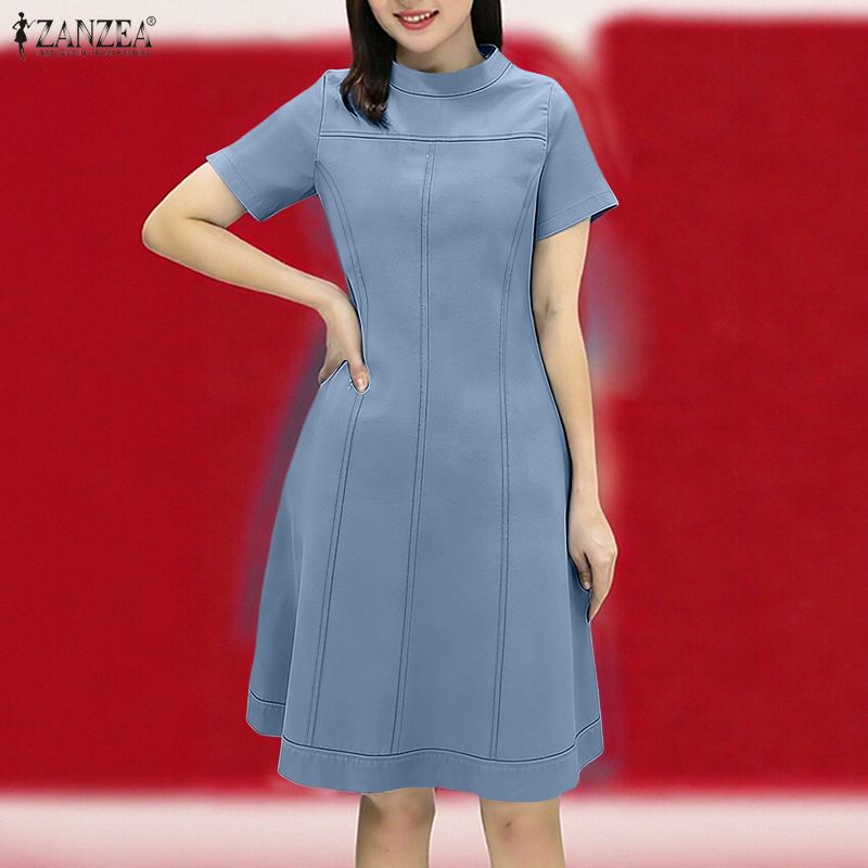 ZANZEA Women Casual Stand Collar Summer Short Sleeve Dress
