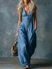 Vintage Western Casual V-Neck Button-Down Sleeveless Blue Romper