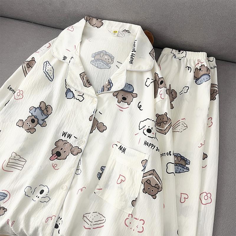 Cartoon Buchstaben Hundeaufdruck Übergröße Damen Pyjama Set Süß Niedlich Lässig Mode Nachtwäsche Pyjama