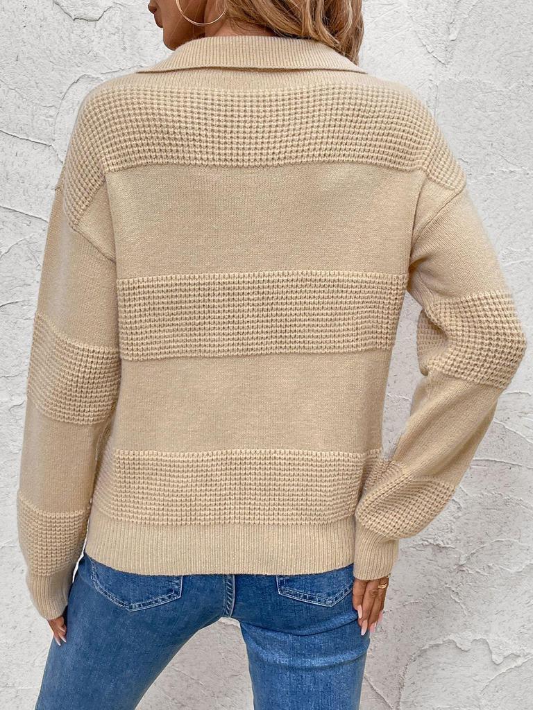 Europe 2026 Autumn/Winter Women's Knitwear: Simple Commuting Style, Solid Color, Half-Zip, Lapel, Patchwork Sweater