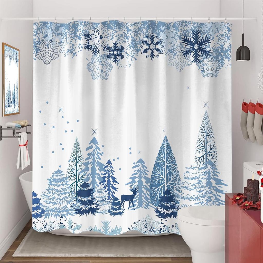 Blue Christmas Snowflake Shower Curtain, Winter Forest Deer Fabric Shower Curtains Set For Bathroom Decoration With Hooks Cute