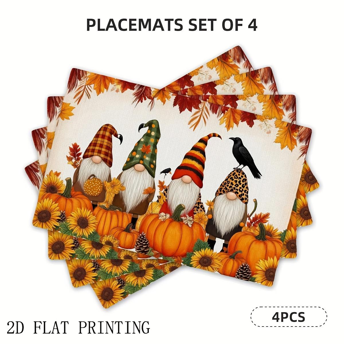 4pcs/6pcs Autumn Gnome Pumpkin Placemats - Linen Fall Harvest Design with Gnomes, Pumpkins & Sunflowers, Perfect for Thanksgivin 30x45cm-6PC