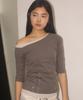 PLACE STUDIO Women'S Eyelet Point Boat Neck Asymmetrical Off-Shoulder 3/4 Sleeve T-Shirt_3 Colors