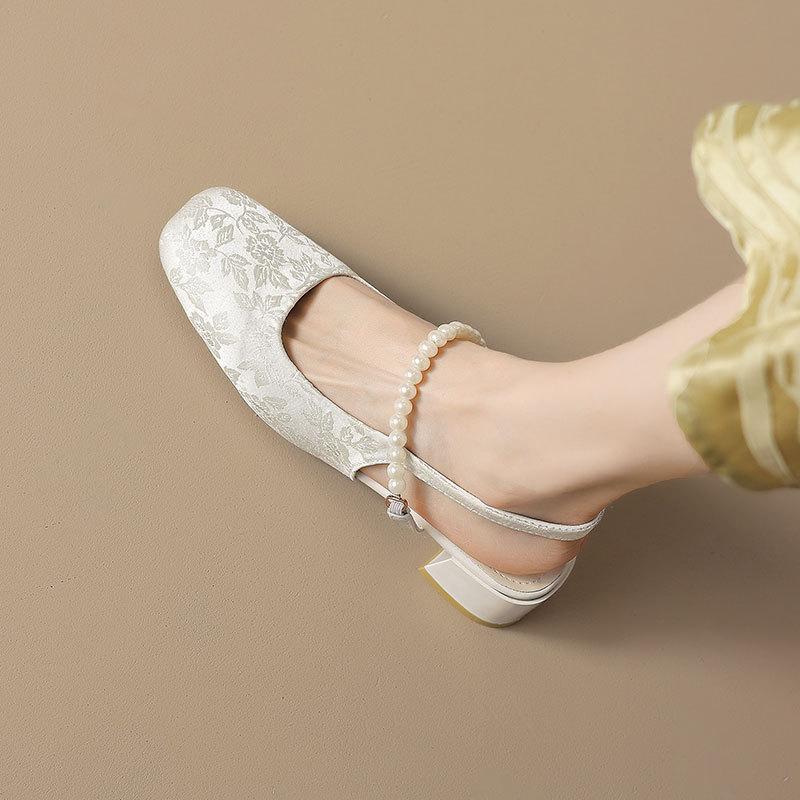 Fairy Wind Square Head Thick Heel with Bag Head Sandals  Summer New Small Fragrant Wind Pearl Mary Jane Shoes