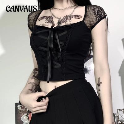 Women's Summer T-shirt Sexy Street Lace Splicing Square Neck Tie Skinny Short Sleeve Top