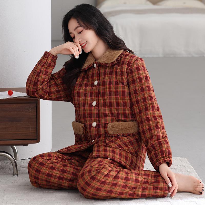 Winter Pajamas Women's New Woven Plaid Clip Padded Jacket Three-layer Warm Suit Velvet Thickened Outer Wear Loungewear