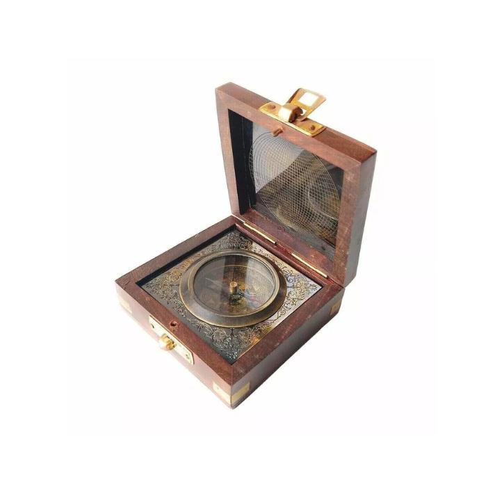 

Vintage Maritime Antique Brass Wooden Box Compass Nautical Marine Desk
