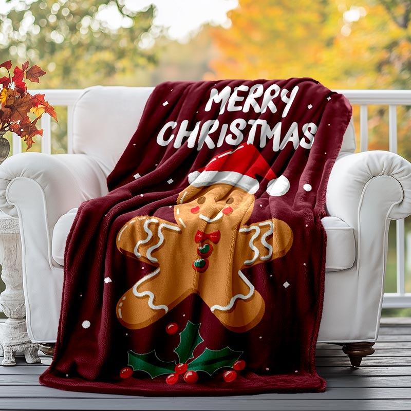 1pc Christmas Gingerbread Man Printing Lightweight Flannel Blanket, Comfortable and Warm Blanket, for Camping Sofa Bed and Couch Office, Gift