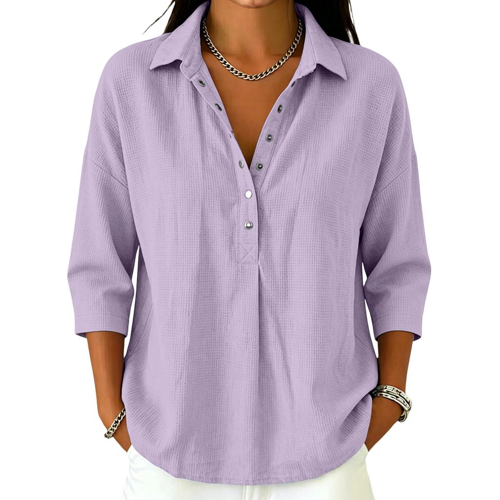 Women's Casual V Neck Button Down Waffle Knit Top Three Quarter Sleeve Relaxed Fit Lightweight Shirt for Everyday Wear