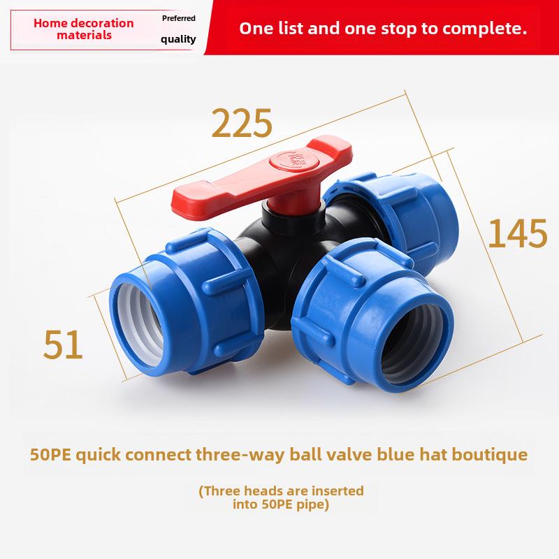 PE Kulventil Snabbkoppling Trefördelningsrörkoppling för Kranvatten, Kompatibel med 20, 25 och 32 Rör.