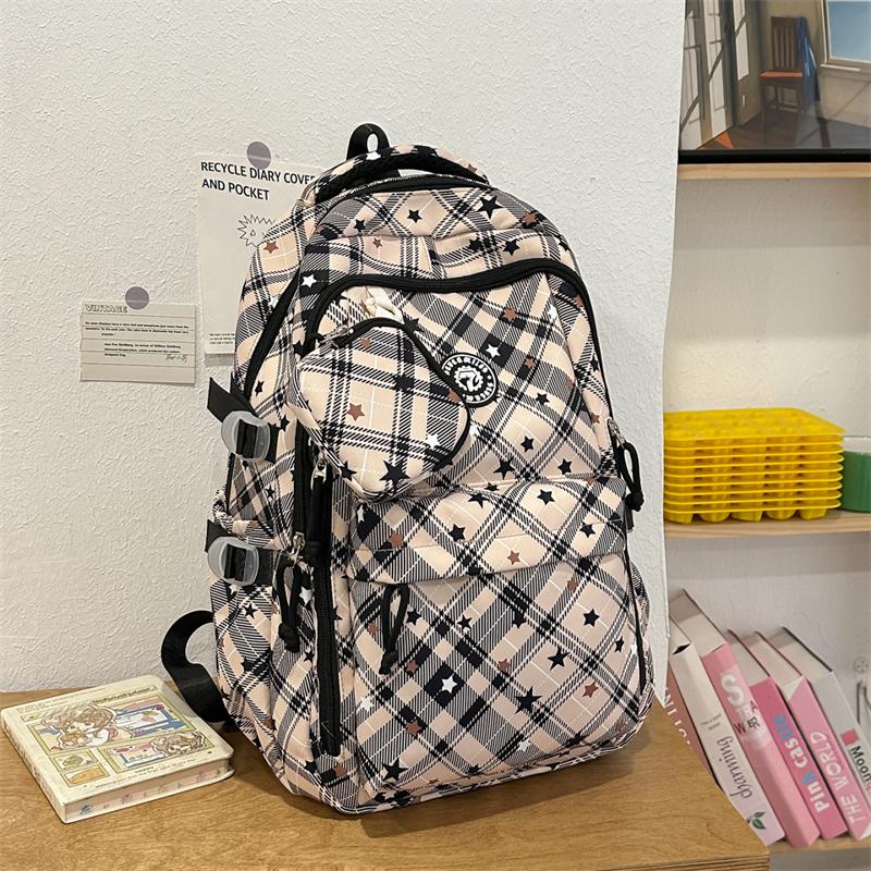 Large Capacity Plaid Backpack Women's Star Printed Student School Bag with Coin Purse