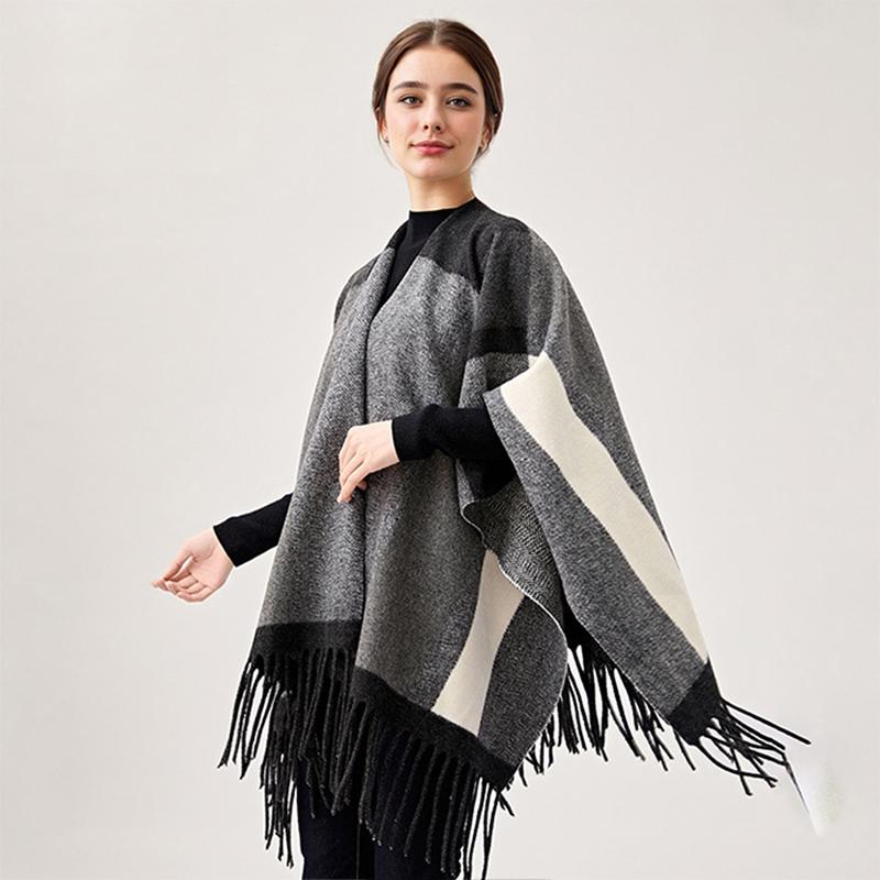 Women'S Travel Shawl Imitation Cashmere Tassel Slit Shawl Women'S Color Blocked Plaid Scarf Air-Conditioned Room Warm Cloak