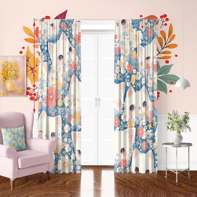 Cartoon Cat -2pcs- Printed Curtain,100% Polyester Material, Suitable for Home Decoration
