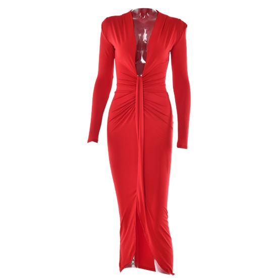 

Макси-платье с глубоким V-образным вырезом, длинными рукавами, плечами под прямым углом, сборками, симметричным разрезом подола, облегающее фигуру, для вечеринки, бодикон, однотонное, с запахом на бедрах L красный