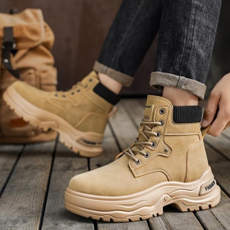 Neuer Herbst-Winter-Stil Runde Spitze Flacher Absatz Einfarbig Große Größe Retro Hochwertig Herren Mittelhohe Waden-Arbeitsstiefel für den Außenbereich