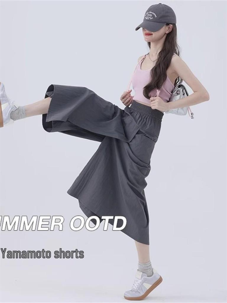 Yamamoto Women's Slit High-Waisted Midi Skirt-Pants, Summer 2026 - Ice Silk, Slimming Casual Wide-Legs.