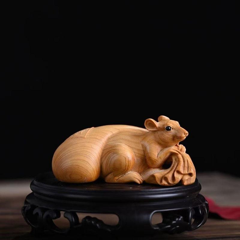 Wood Carving Zodiac Rat Attracting Wealth Sculptures Figurines Cute Small Animals Home Room Office Wealth Luck  Decor