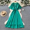 French heavy industry embroidery V-neck dress women's summer short sleeves waist thin A word temperament long dress vacation style