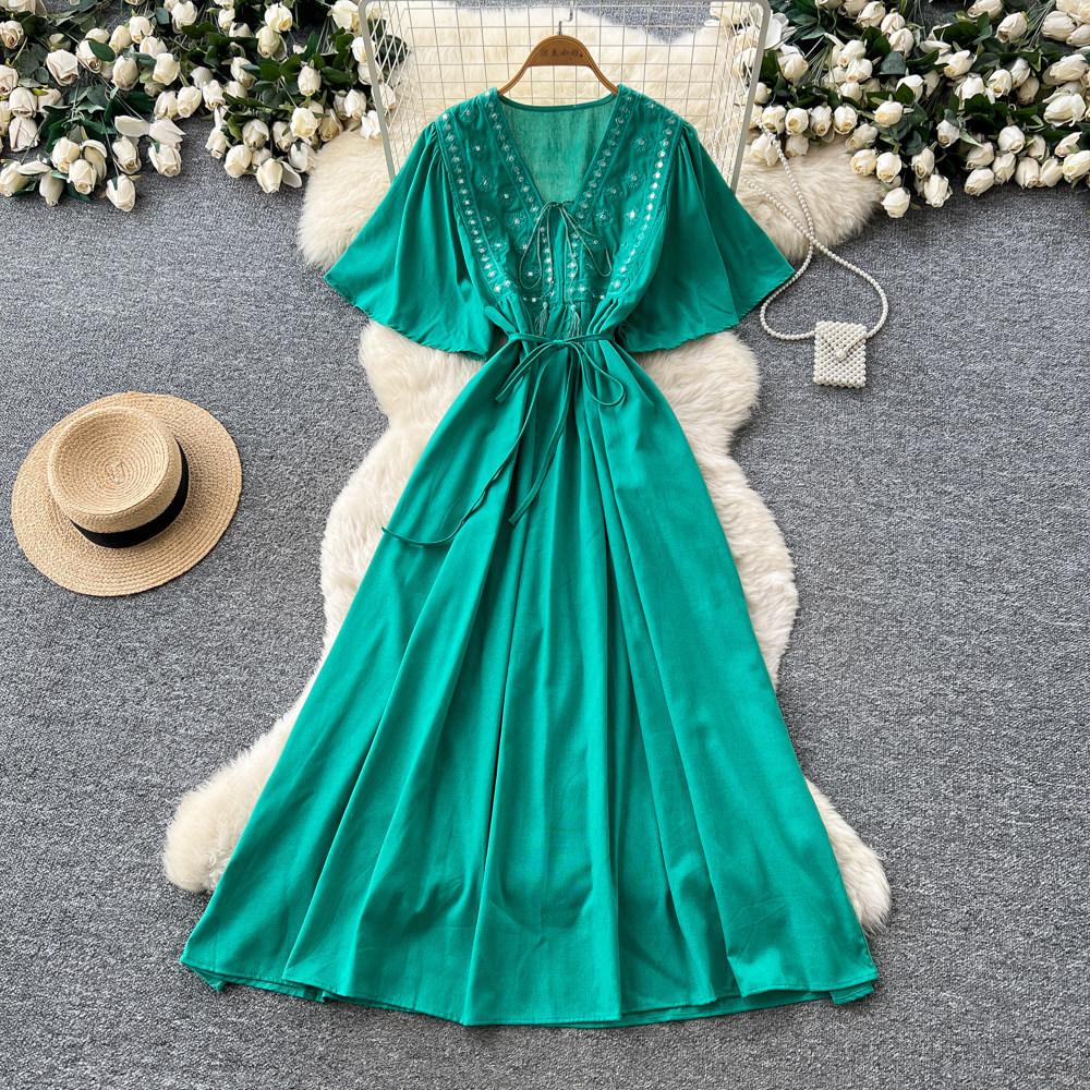 French heavy industry embroidery V-neck dress women's summer short sleeves waist thin A word temperament long dress vacation style