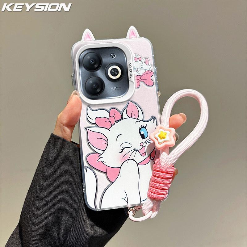 KEYSION Cute Ear Cartoon Case for Infinix Hot 40i with Lanyard Soft Silicone+PC Shockproof Phone Cover for Infinix Smart 8 HD