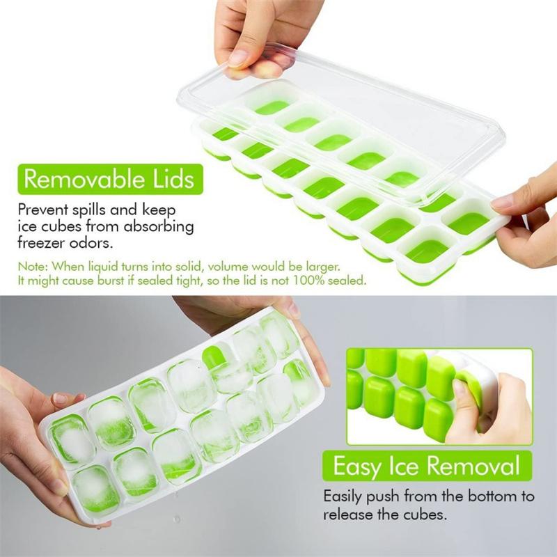 14-Cell Ice Tray With Ice Scoop Set Silicone Ice Cube Tray With Lid And Bin