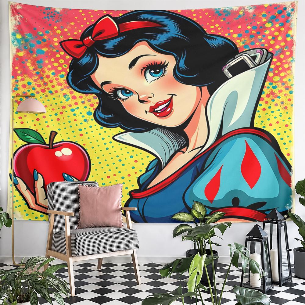 Landscape Wall Tapestry Pop-Art Snow White Holding Red Apple, Halftone Dots Retro, Wide Decor for Adult Fan Collector