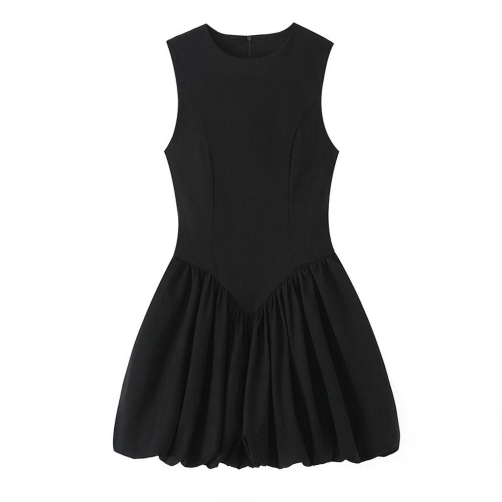 Dames Ronde Hals Mouwloze Mini Jurk Slim Fit Middelhoge Taille Streetwear Plooibodem Effen Jurk
