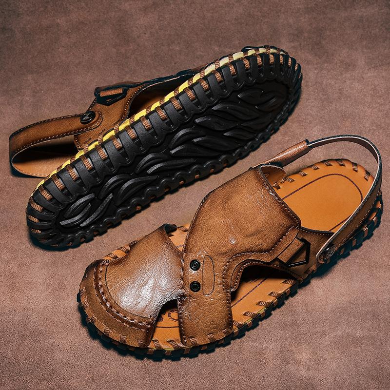 Large size sandals men's hand-sewn breathable casual beach shoes men's soft-soled crocodile pattern Roman sandals