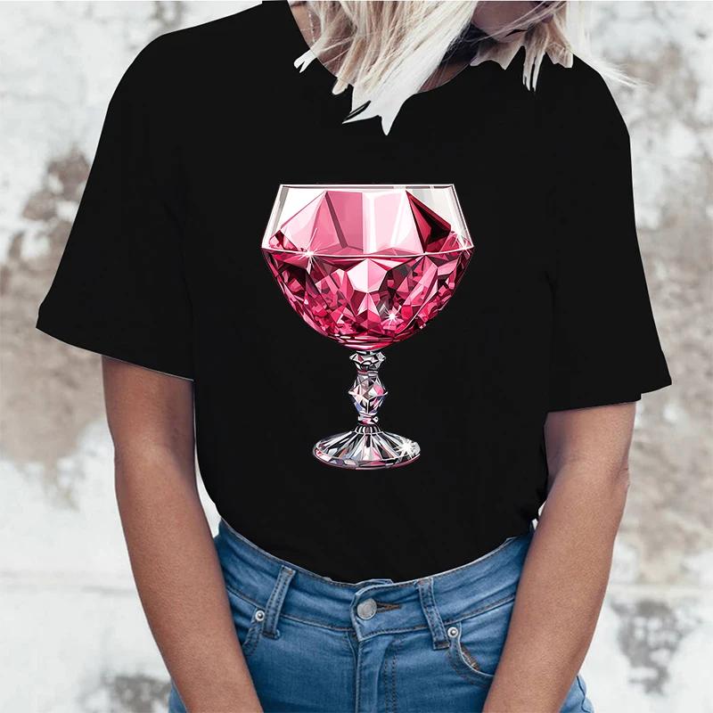 Fashion Pink Wine Glass Printed T-Shirts Women Summer Casual Short Sleeved T-Shirts Round Neck Tops