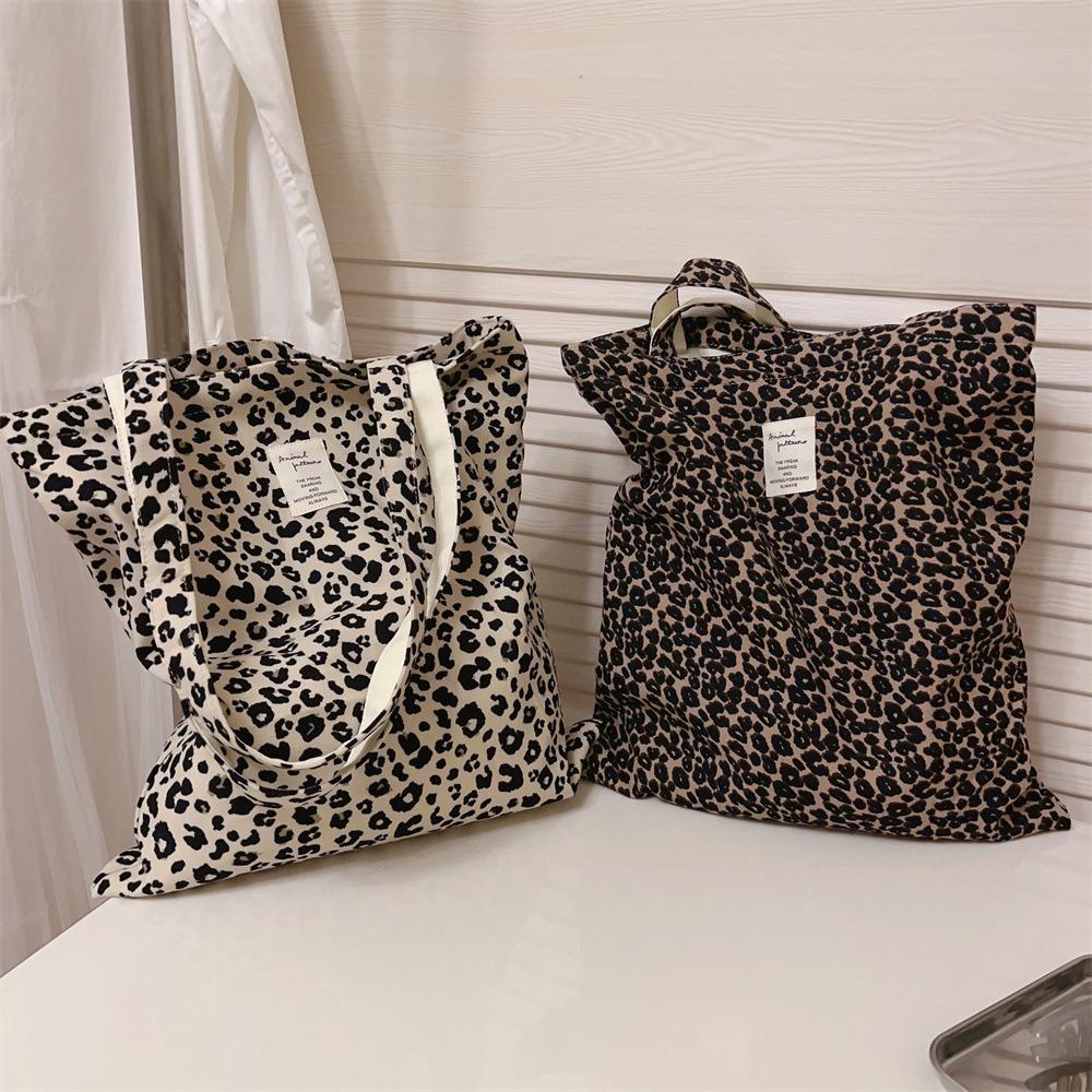 Leopard Print Tote Bag Women Large Capacity Canvas Shoulder Bag Reusable Shopping Purse