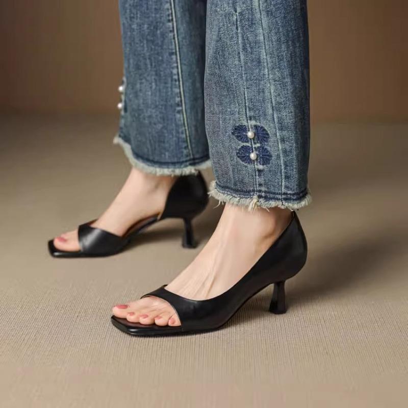 Fashion 2025 Fashion Genuine Sandals for Women Square Toe Strange Heels 4.5cm Slip on Sexy Dating Party Female Shoes