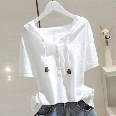 Women's White Hooded Short-Sleeve Loose Fit Slimming Pullover, 2025 Spring/Summer Collection