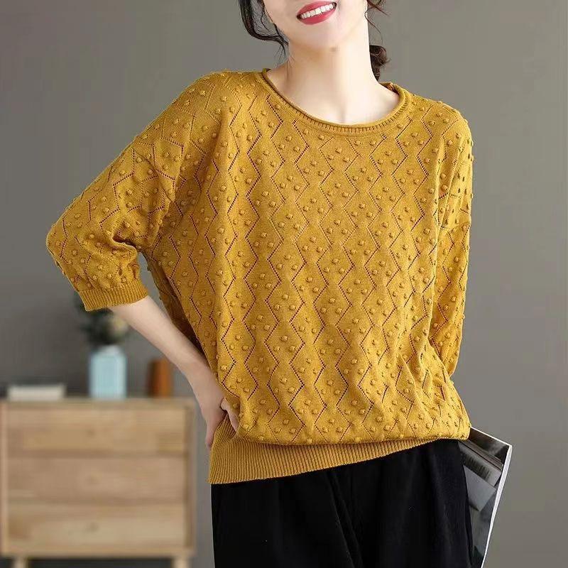 Spring Summer Vintage Knitted T-shirt Casual Round Neck Women's Clothing Solid Color Stylish Hollow Out Half Sleeve Pullovers