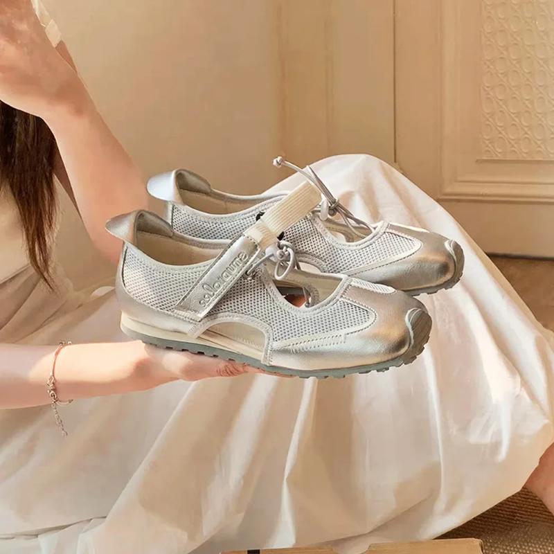 Leather Version Mary Jane Shoes Casual Drawstring Soft Bottom Women's Spring Summer Leisure Sporty Contrast Color Slip-On