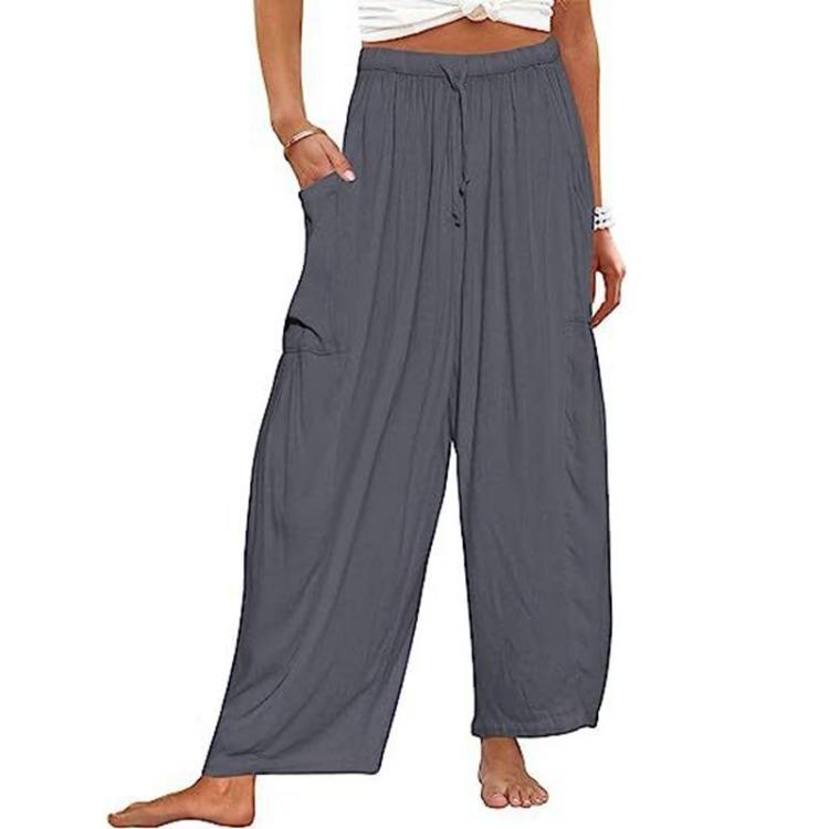 Women Fashion Casual High Waist Loose Wide Leg Pants Solid Color Pleated Long Trousers S серый