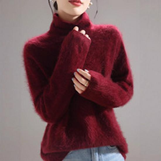 Women's Pure Wool High Neck Sweater, Loose Fit Plus Size, Mid-Length for Autumn/Winter, Covers Buttocks, Cashmere Knitwear