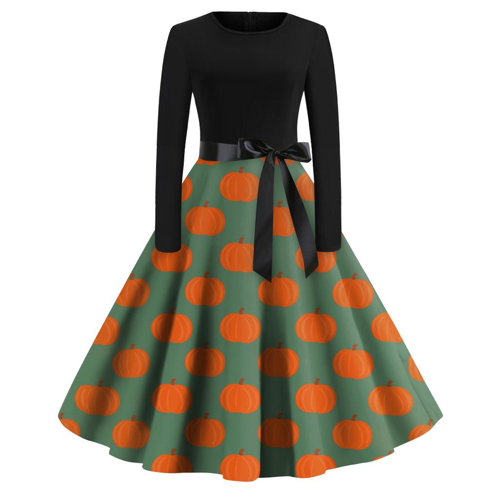 Women's Vintage Long Sleeve Halloween Print Family Party Prom Dress