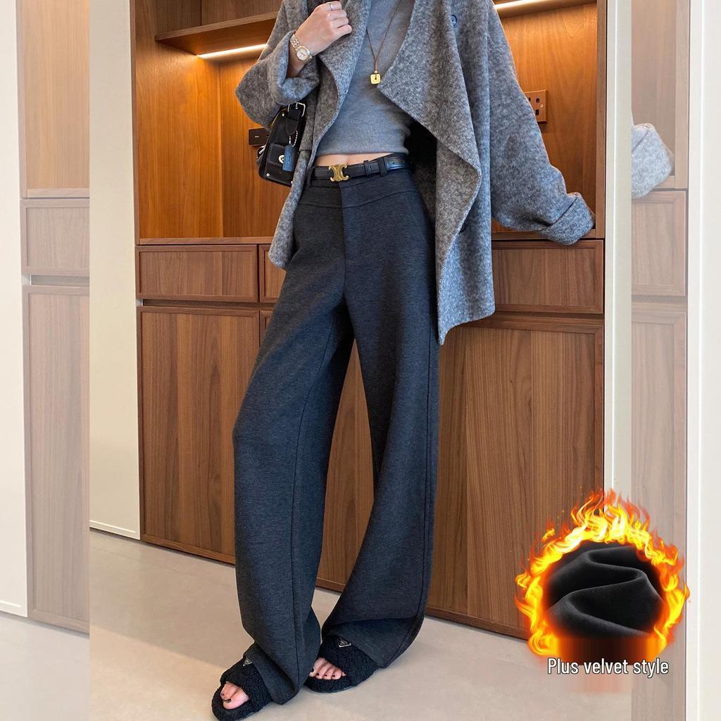 Women's Plus Size Wool Acetate Wide-Leg Pants - Autumn/Winter Thickened Straight-Leg Suit Pants