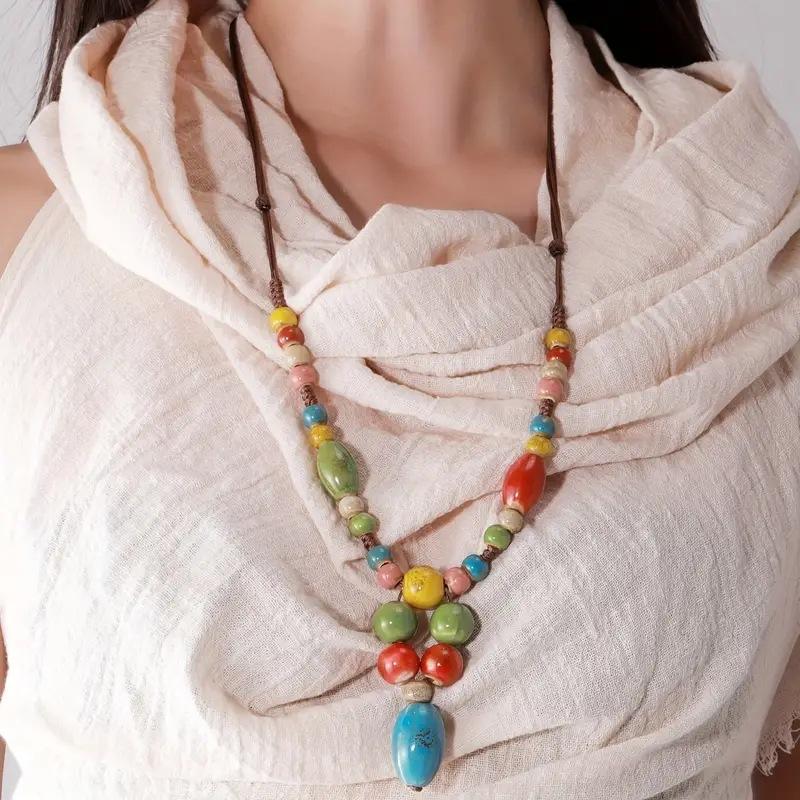 JMXD Boho Vintage Ceramic Long Necklace Sweater Chain Pendant Statement Versatile Clothing Accessory Ethnic Retro Fashion Jewelry