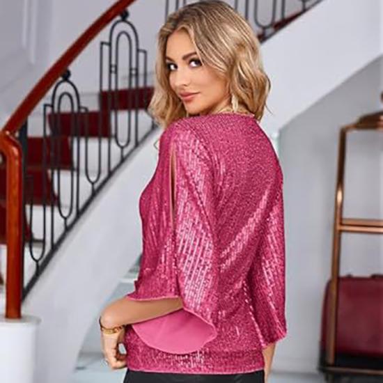 Dámská jarní a podzimní móda Flitrové bokovky s rukávem na trumpetu s výstřihem do V Úzký společenský svetr