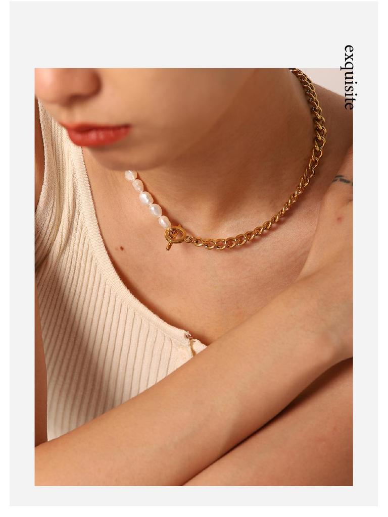 French Retro Pearl & Titanium Steel Baroque OT Buckle Necklace – Women's Light Luxury Jewelry