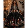 2026 Halloween Womens V-Neck Long Sleeve Maxi Dress With Ghost Pumpkin Witch Print High-Waist Loose Fit Party Gown