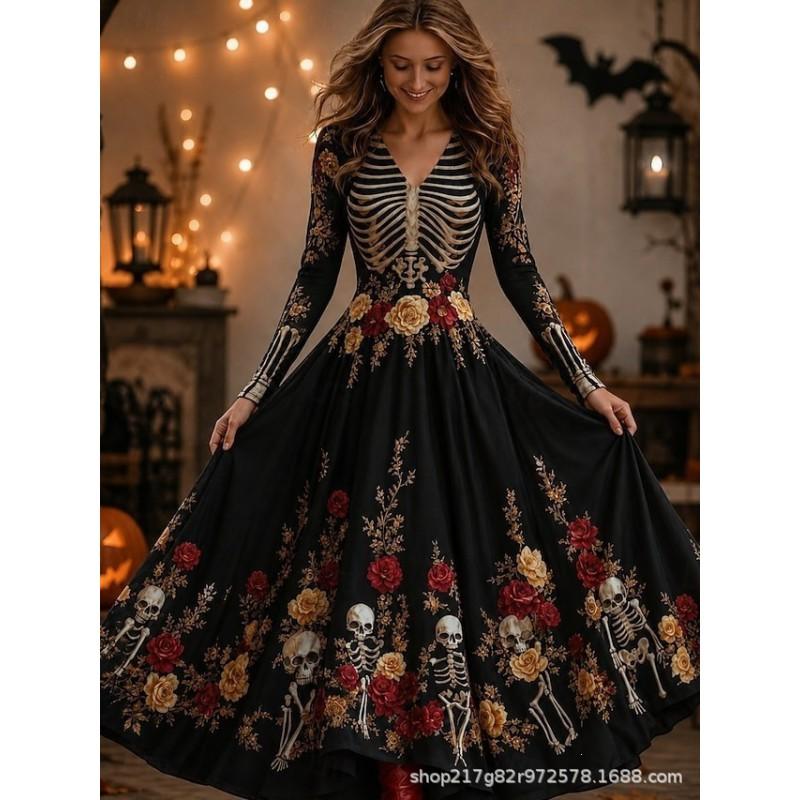2026 Halloween Womens V-Neck Long Sleeve Maxi Dress With Ghost Pumpkin Witch Print High-Waist Loose Fit Party Gown
