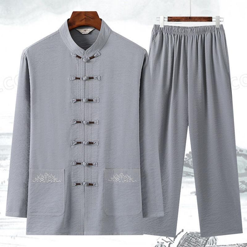 Herren Chinesisches Traditionelles Bekleidungsset Schnalle Kung Fu Hemd Orientalisch Retro Oberteil Hose Tai Chi Atmungsaktive Uniformen Hanfu