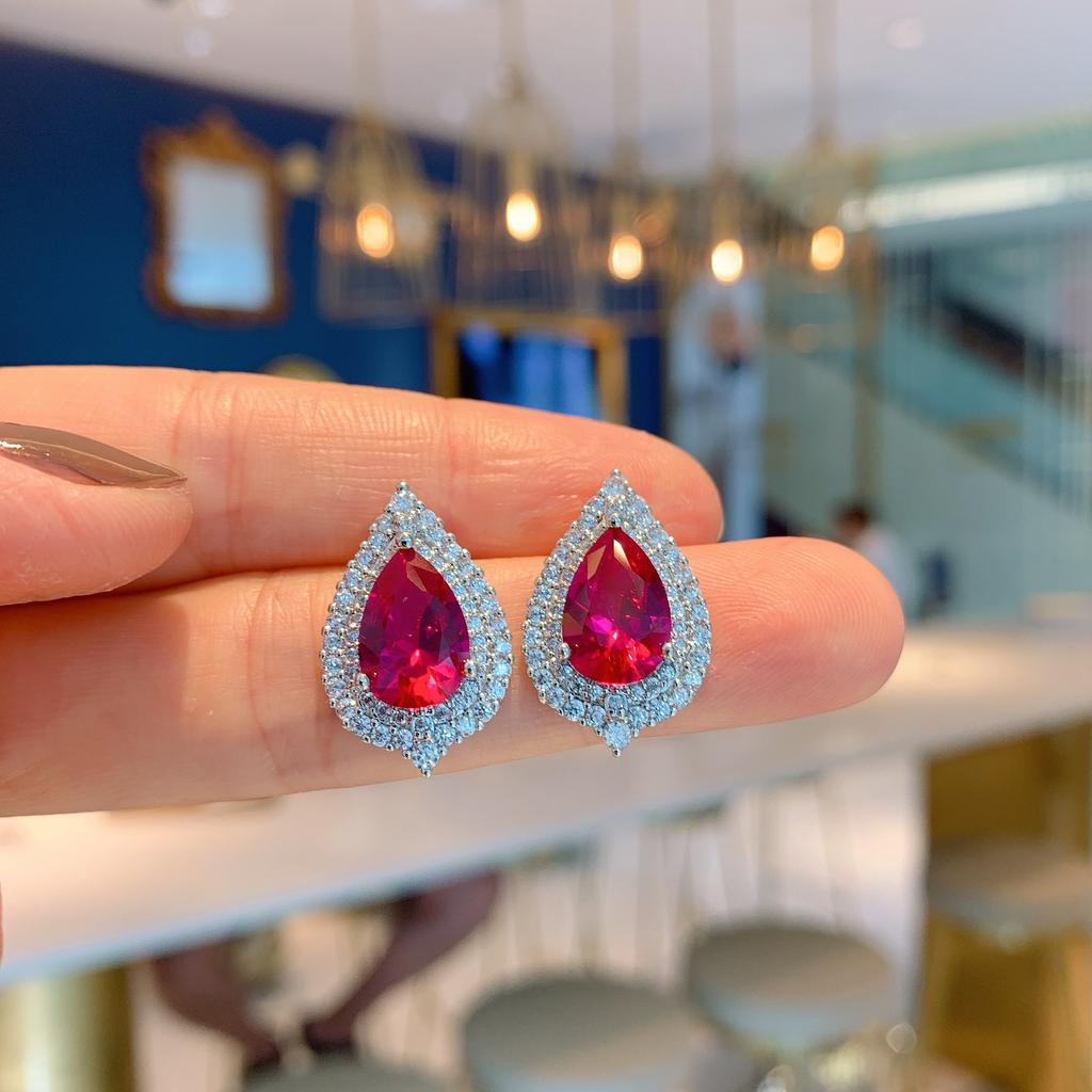 Symulacja kamieni szlachetnych Korund Rubin Gołębiej Krwi Kształt Kropli Wody, Zestaw Biżuterii Kolczyki Sztyfty 8 * 12 Wiszące