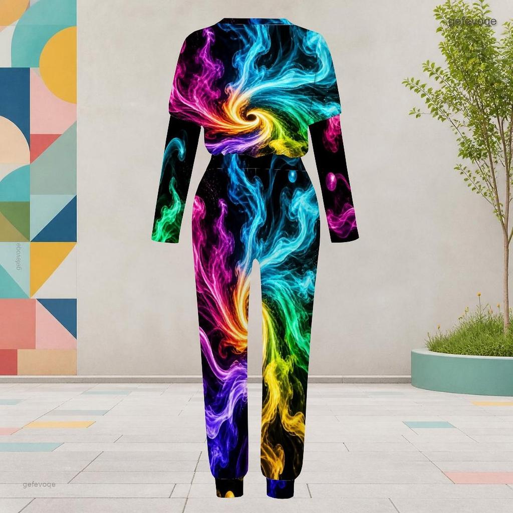 Damen Übergröße Tie-Dye-Print Rundhals Langarm Bündchen Zweiteiliges Hosen-Set Mit Taschen